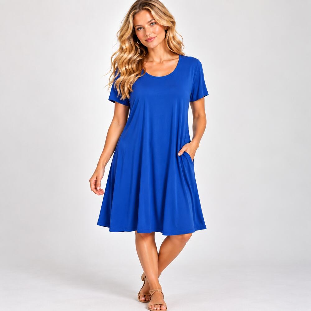 Susan Graver Liquid Knit Dress Women's Size XL Blue Pockets Minimalist Office